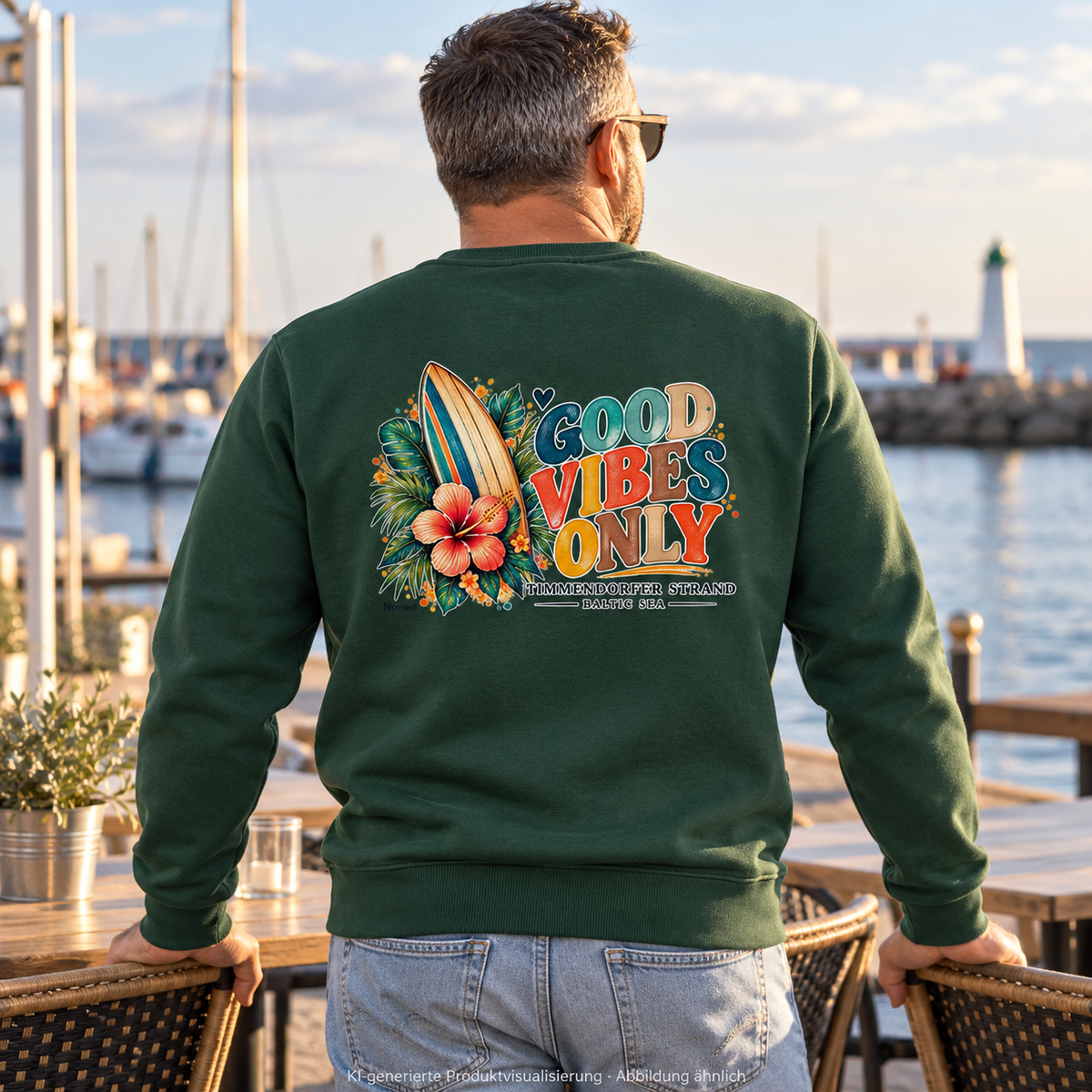 KI-generierte Produktvisualisierung: Mann im Bottle-Green Unisex-Sweatshirt mit Surf-Vibes-Rückenprint im Café am Hafen.