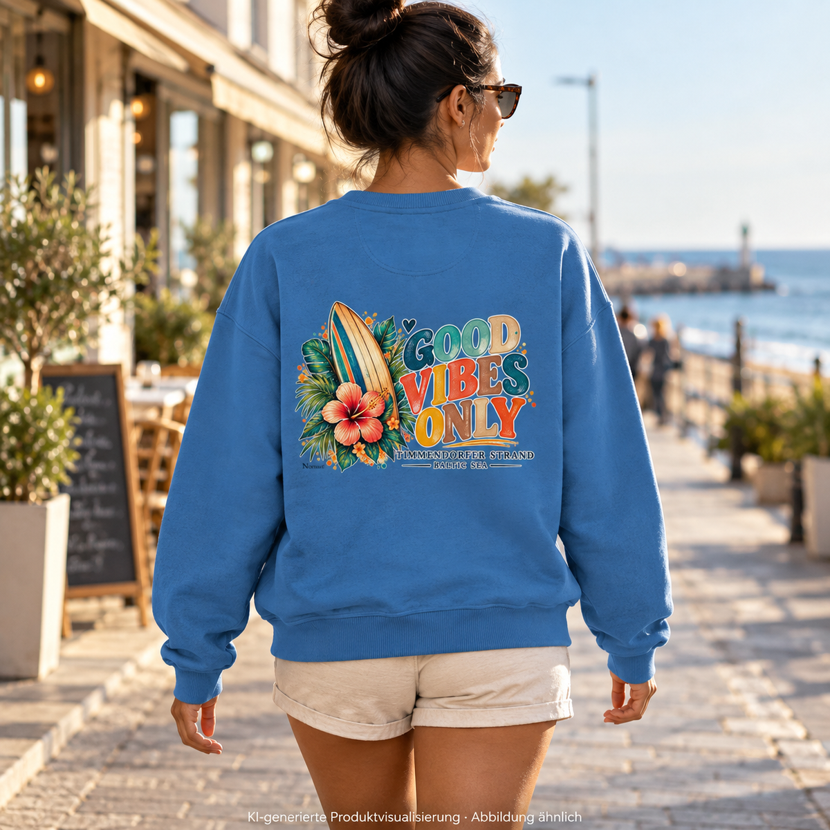 KI-generierte Produktvisualisierung: Frau im Mindful-Blue Oversize-Sweatshirt mit Surf-Vibes-Rückenprint beim Küsten-Stadtbummel.