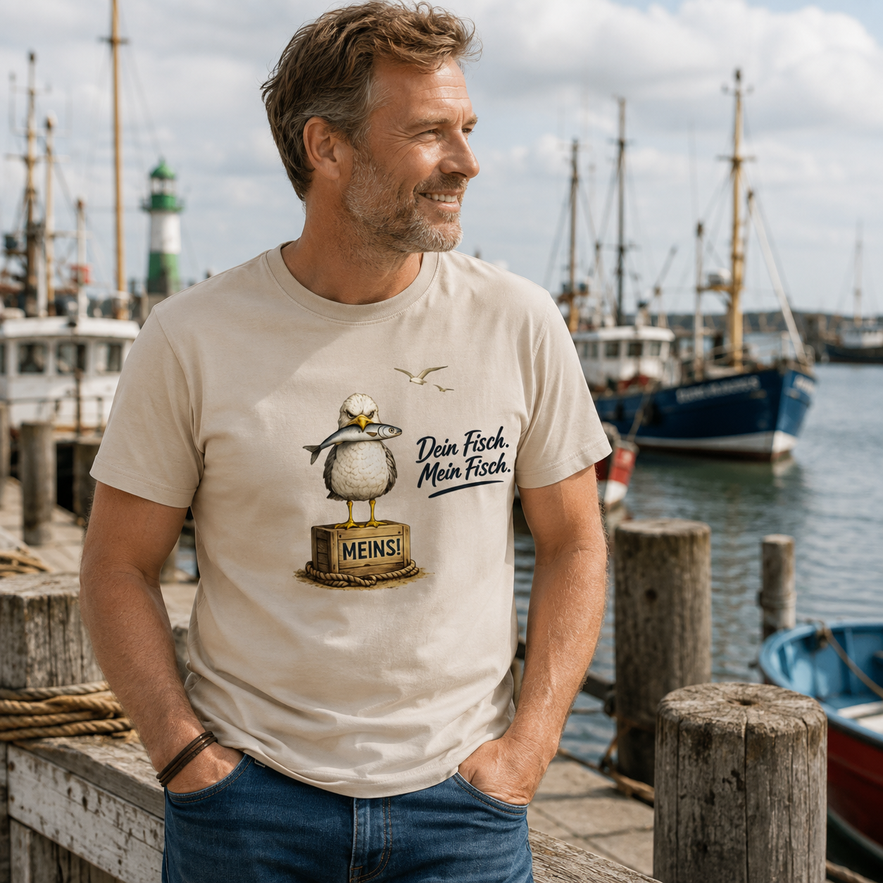 Mann am Hafen mit T-Shirt „Dein Fisch. Mein Fisch.“ und frechem Möwenmotiv – maritimer Küstenhumor von Nomavé