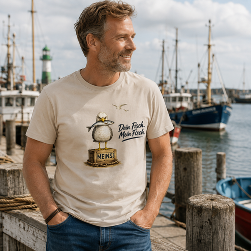 Mann am Hafen mit T-Shirt „Dein Fisch. Mein Fisch.“ und frechem Möwenmotiv – maritimer Küstenhumor von Nomavé