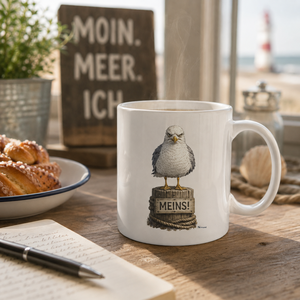 Weiße Keramiktasse von Nomavé mit dem Motiv „Möwe mit Meinung – MEINS!“ auf einem gemütlichen Frühstückstisch mit Küstenflair. Die grimmige Möwe Alpha auf einem Poller macht die Tasse zum humorvollen Begleiter für Kaffee oder Tee zuhause und im Büro.
