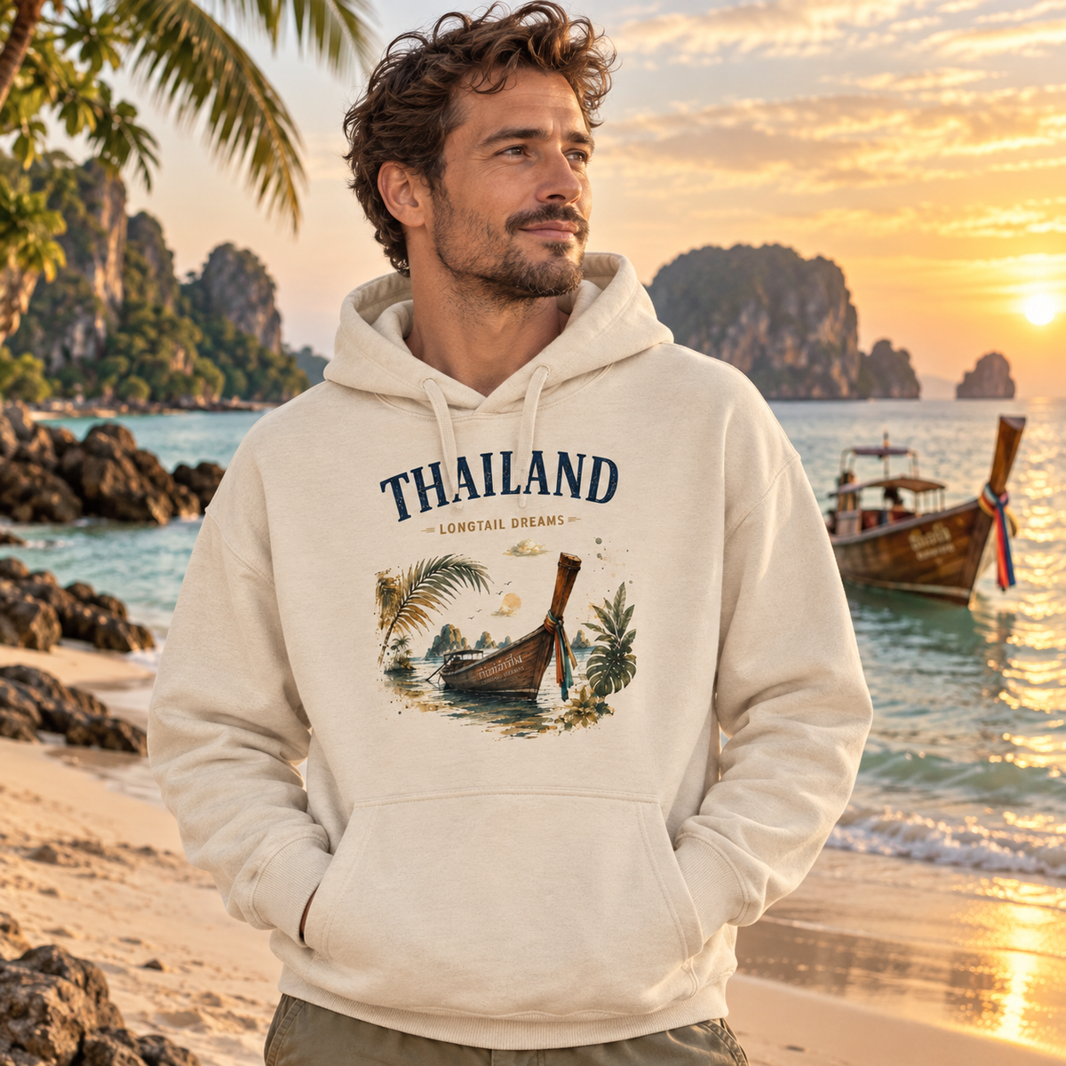 Mann trägt naturfarbenen Thailand Longtail Dreams Bio-Oversize-Hoodie am Strand