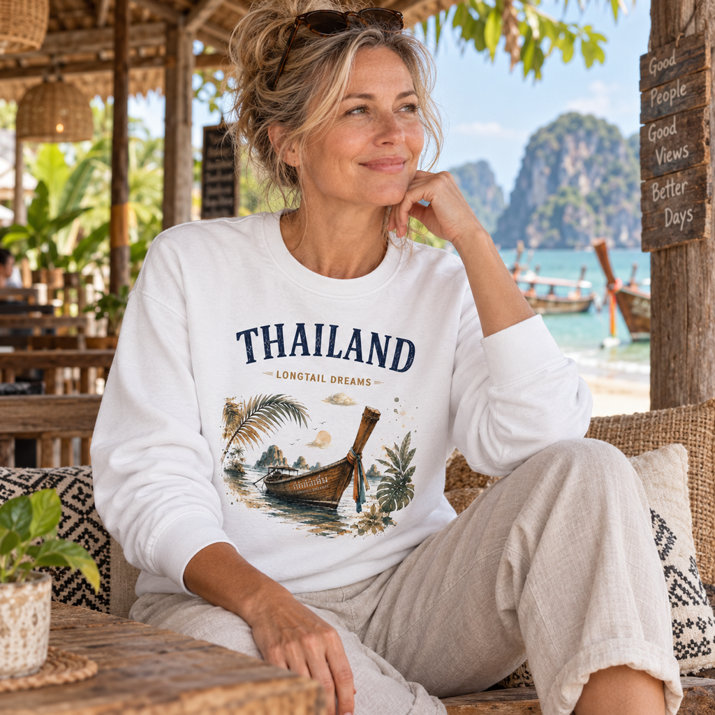 Frau trägt weißes Thailand Longtail Dreams Bio-Sweatshirt in einer Strandlodge