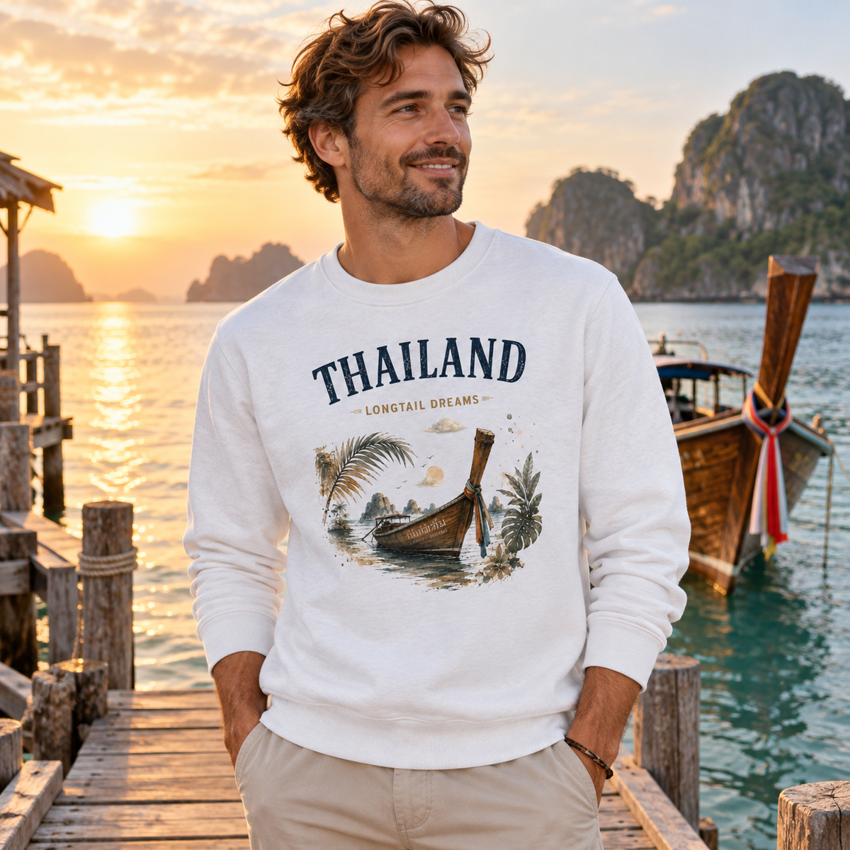Mann trägt weißes Thailand Longtail Dreams Bio-Sweatshirt an einem tropischen Pier