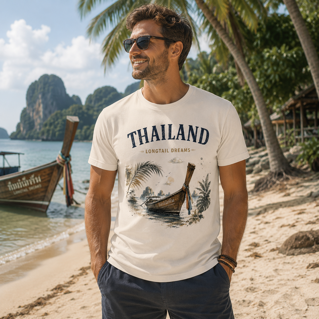 Mann trägt weißes Bio T-Shirt mit Thailand Longtail Dreams Motiv an einem tropischen Strand mit traditionellem Longtailboot, Palmen und Kalksteinfelsen – Lifestylebild der Nomavé Thailand Kollektion.