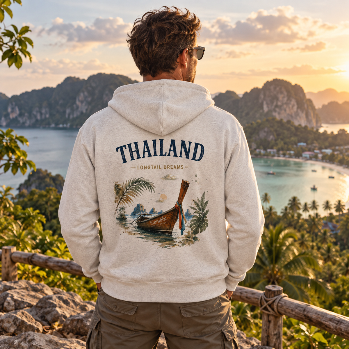 Mann trägt grauen Thailand Longtail Dreams Bio-Zipper mit Rückendruck am Aussichtspunkt
