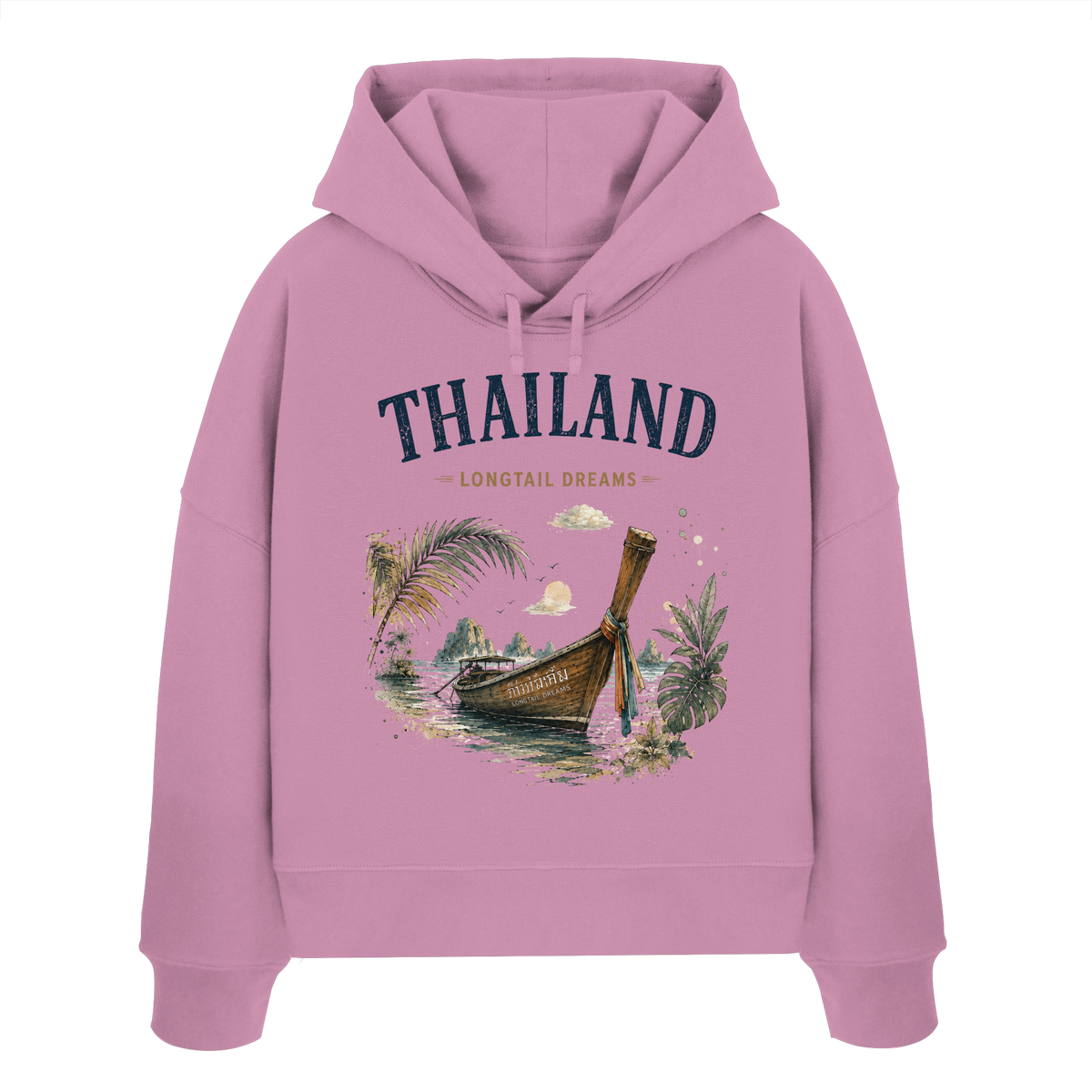 Thailand Longtail Dreams Damen Bio-Boxcut-Hoodie in Bubble Pink mit tropischem Motiv