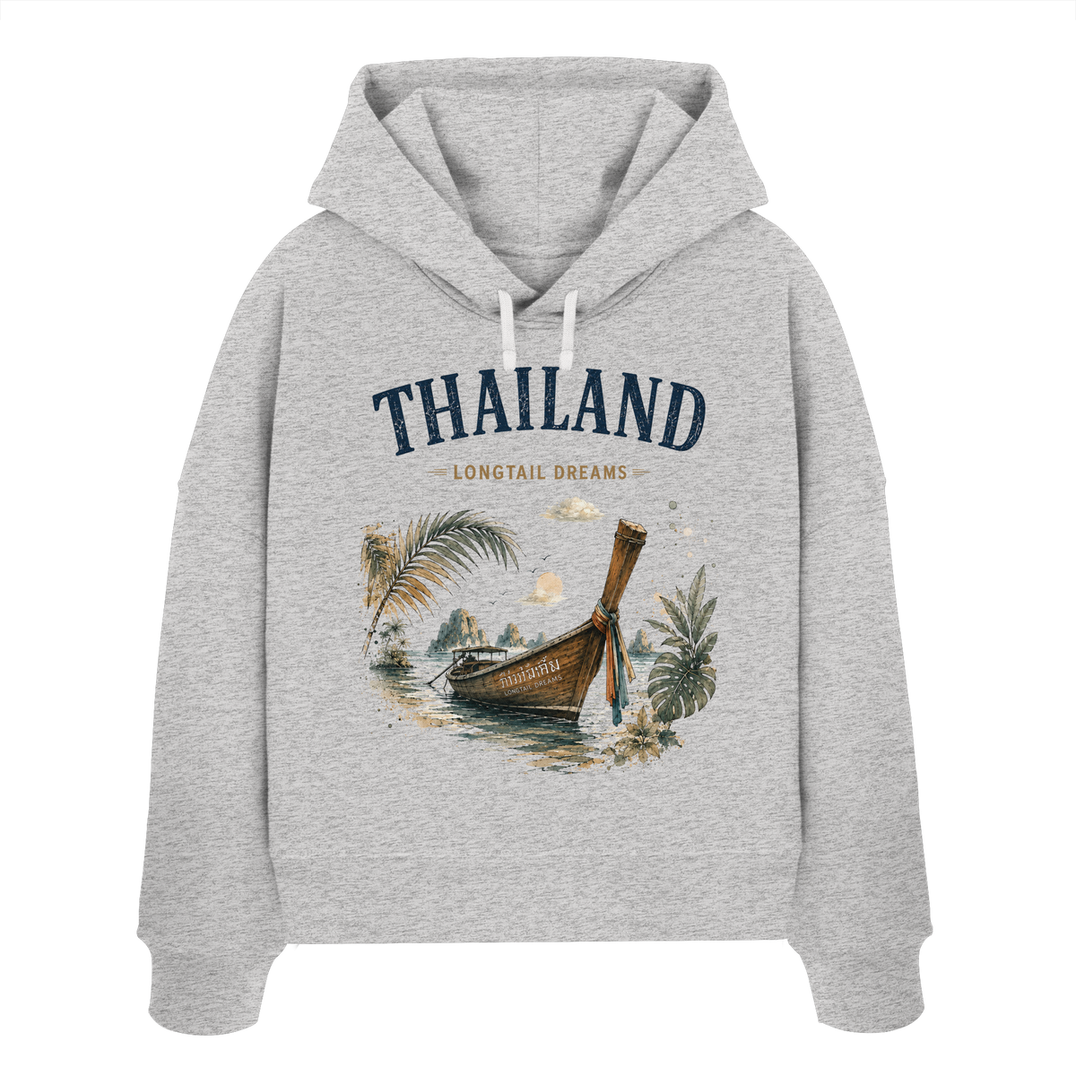 Thailand Longtail Dreams Damen Bio-Boxcut-Hoodie in Cool Heather Grey mit tropischem Motiv