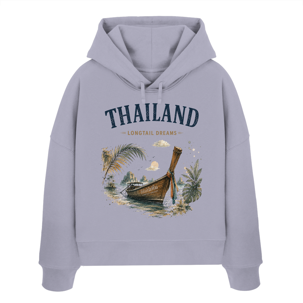 Thailand Longtail Dreams Damen Bio-Boxcut-Hoodie in Lavender mit tropischem Motiv