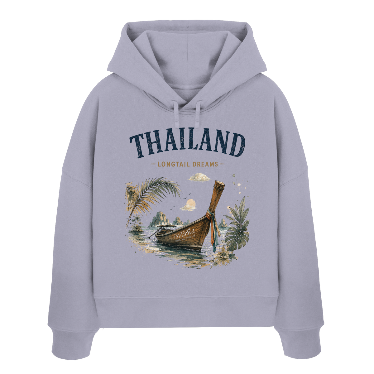 Thailand Longtail Dreams Damen Bio-Boxcut-Hoodie in Lavender mit tropischem Motiv