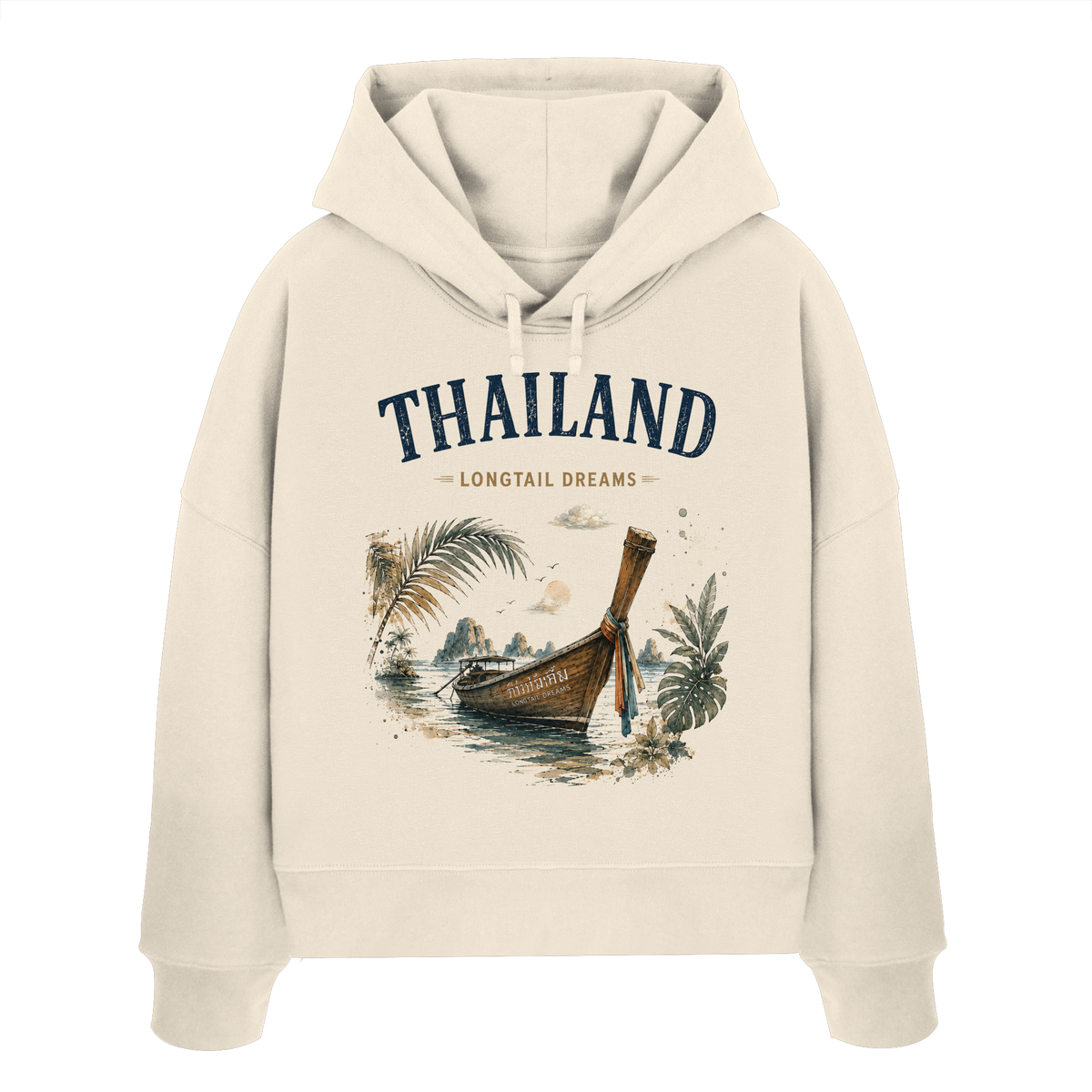 Thailand Longtail Dreams Damen Bio-Boxcut-Hoodie in Natural Raw mit tropischem Motiv
