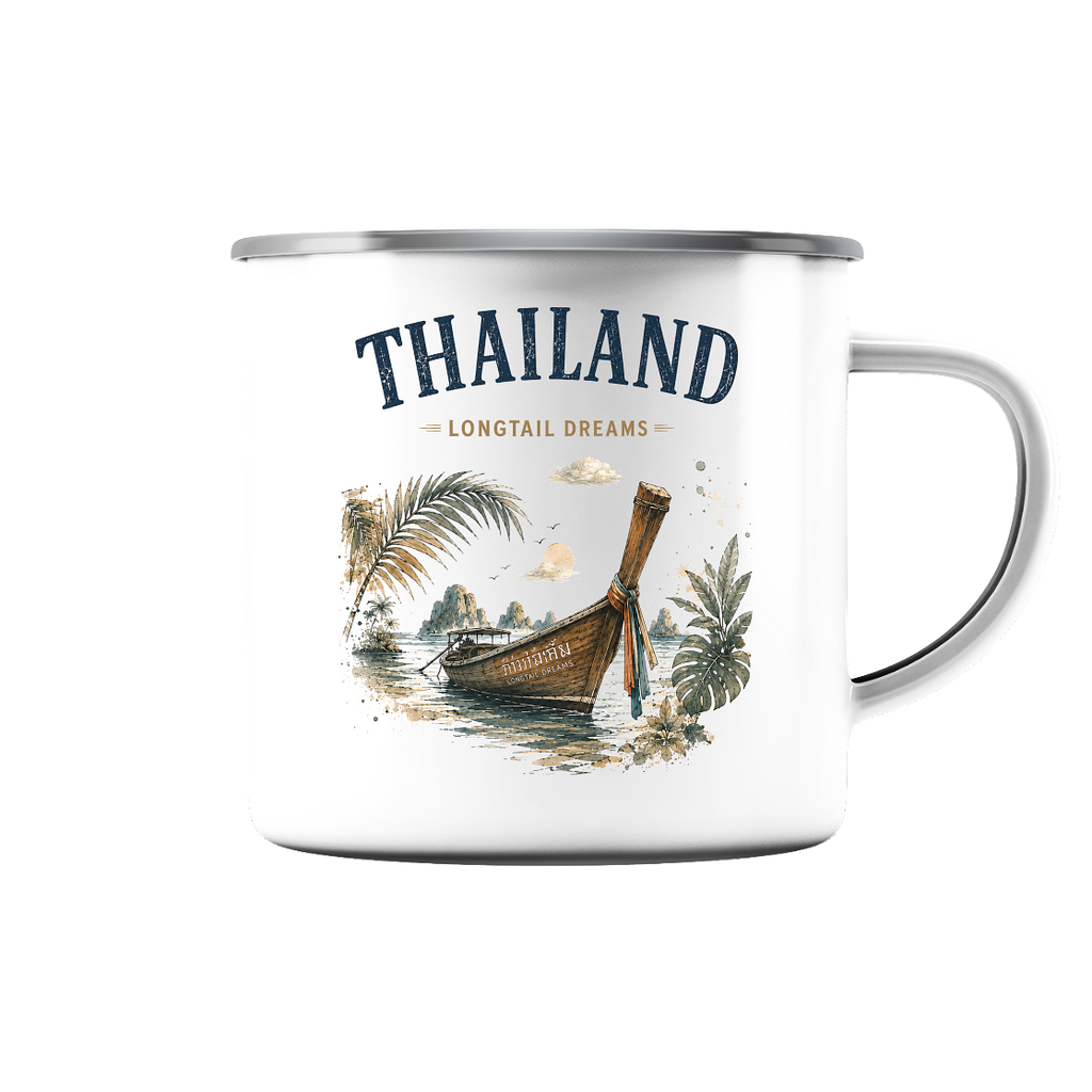 Weiße Thailand Longtail Dreams Emaille-Tasse 300 ml mit silbernem Rand – Produktansicht