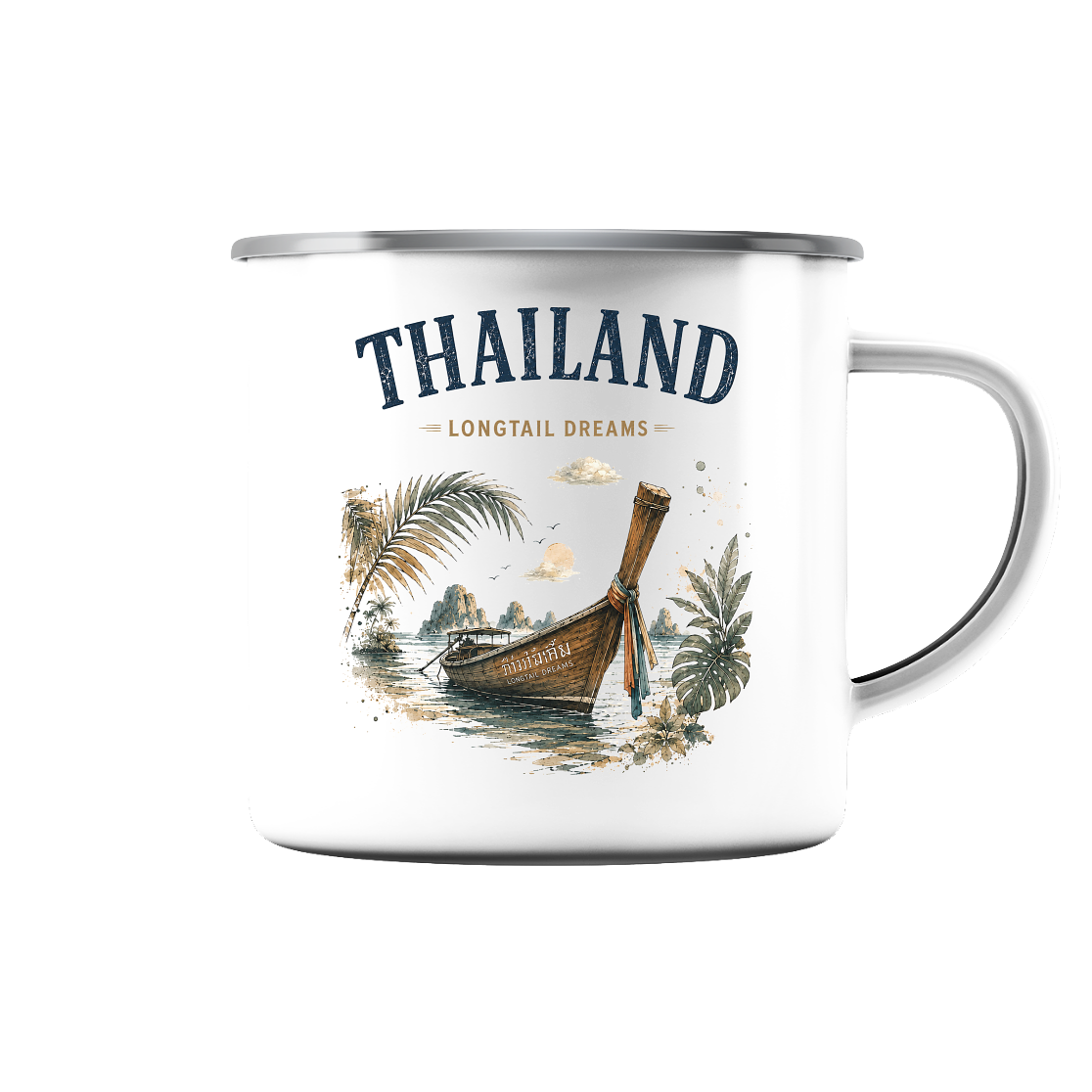 Weiße Thailand Longtail Dreams Emaille-Tasse 300 ml mit silbernem Rand – Produktansicht
