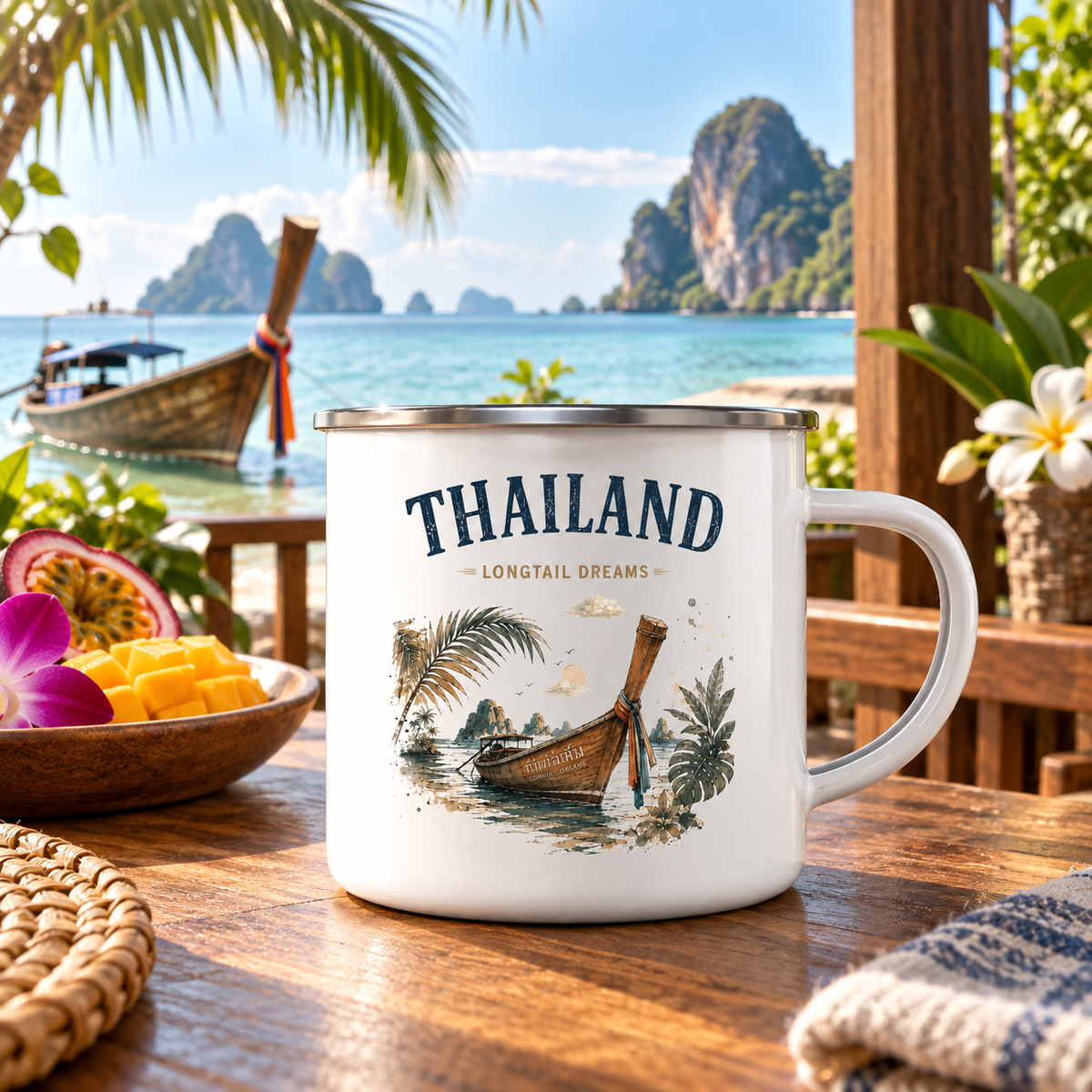 Weiße Thailand Longtail Dreams Emaille-Tasse auf einer tropischen Veranda