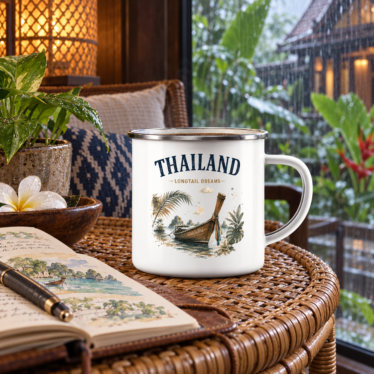 Thailand Longtail Dreams Emaille-Tasse in einer gemütlichen Leseecke bei Tropenregen