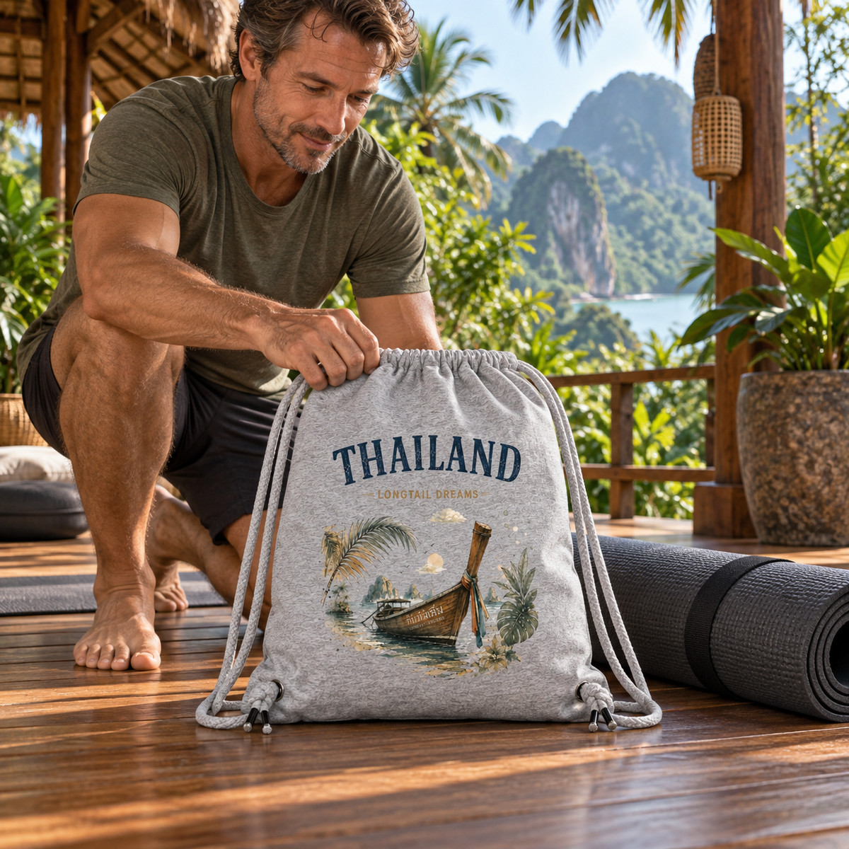Mann mit grauem Thailand Longtail Dreams Gym Bag auf einer tropischen Terrasse