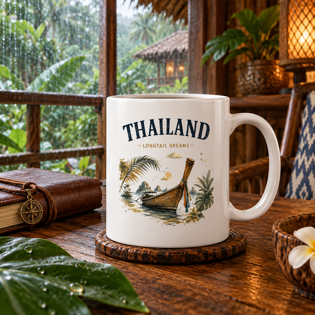 Thailand Longtail Dreams Keramiktasse in tropischer Lodge bei Regen