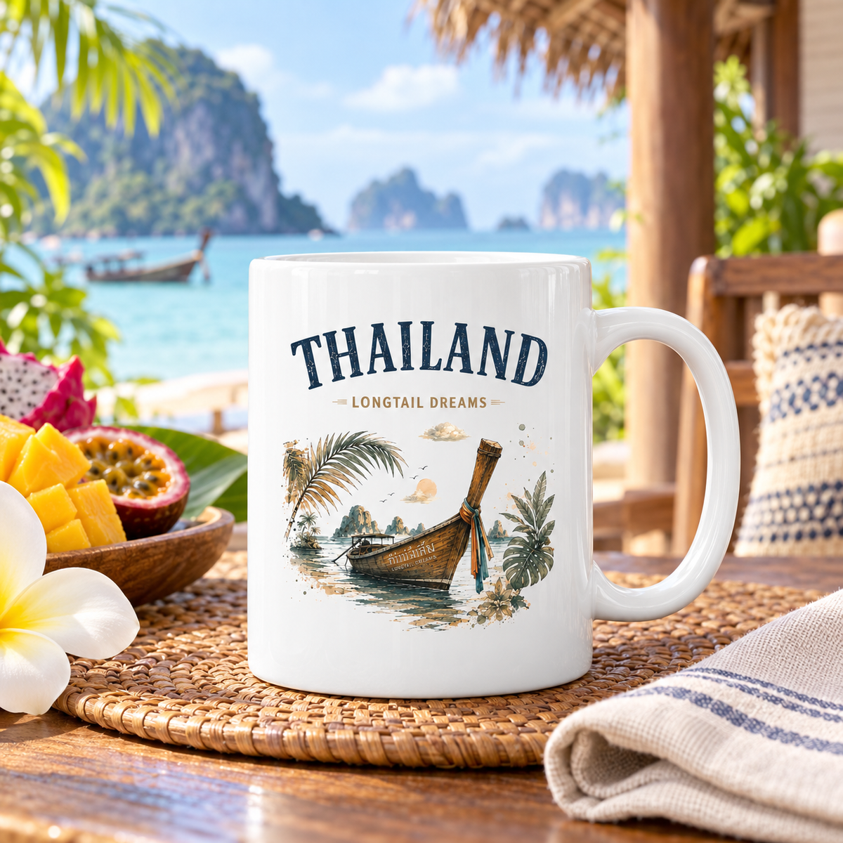 Keramiktasse mit Thailand Longtail Dreams Motiv vor tropischer Strandkulisse