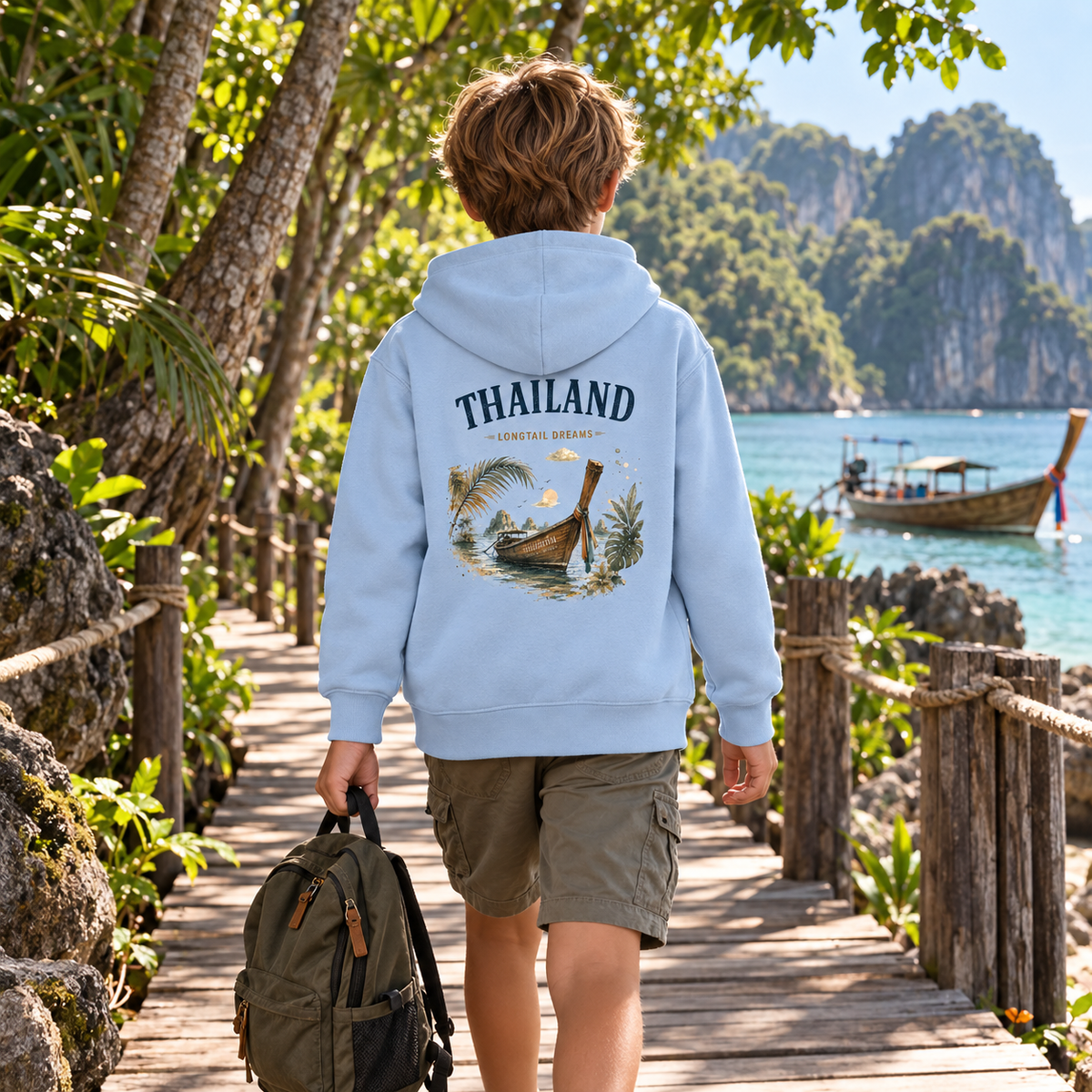 Junge trägt blauen Thailand Longtail Dreams Kinder Bio-Hoodie mit Rückendruck am Meer
