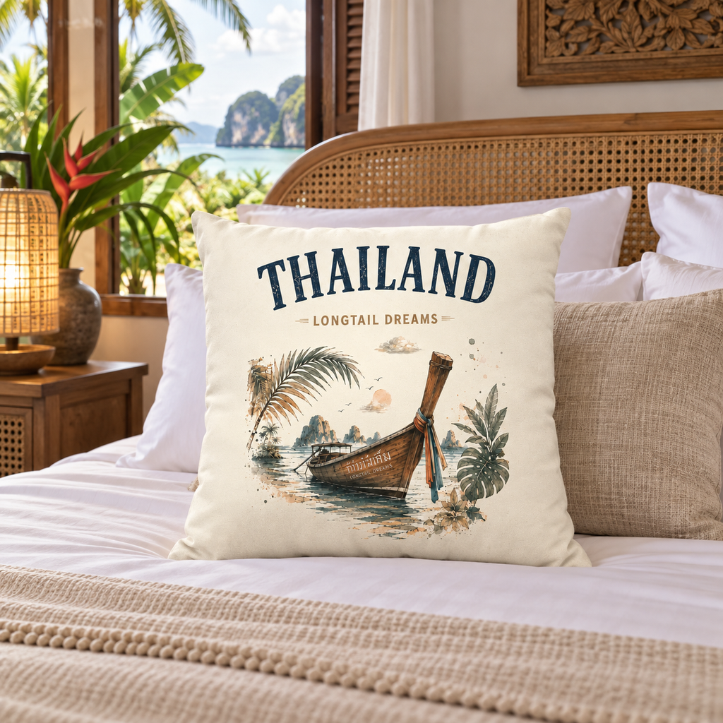 Thailand Longtail Dreams Zierkissen in einem tropischen Hotelzimmer