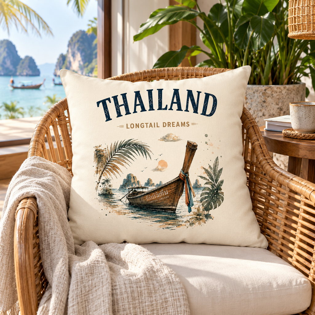 Thailand Longtail Dreams Kissen in natürlicher tropischer Wohnumgebung