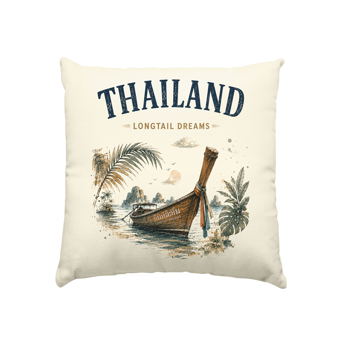 Thailand Longtail Dreams Kissen Natur 40 × 40 cm – Produktansicht