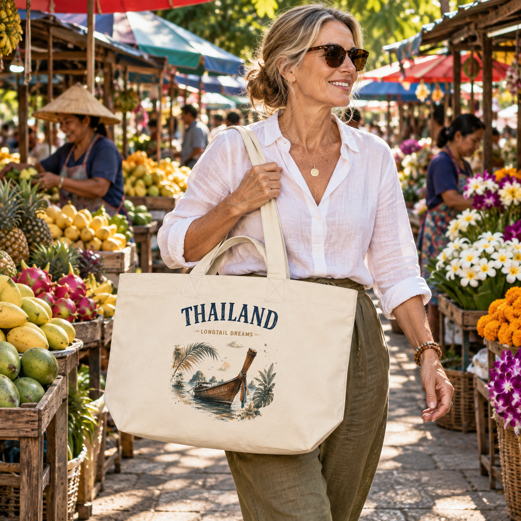 Frau trägt große Thailand Longtail Dreams Shopping Bag auf einem tropischen Markt