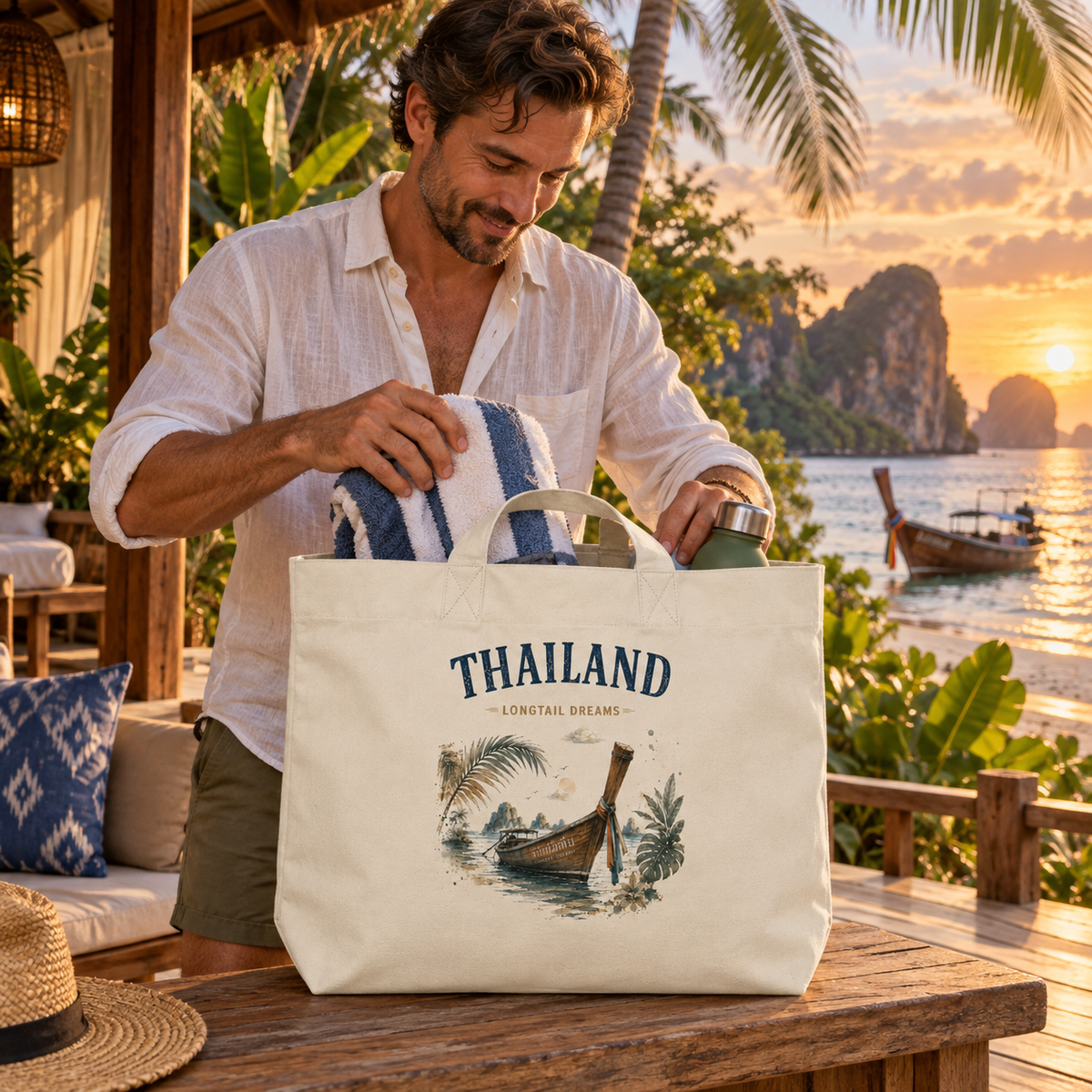 Mann packt die Thailand Longtail Dreams Shopping Bag in einer Strandlodge
