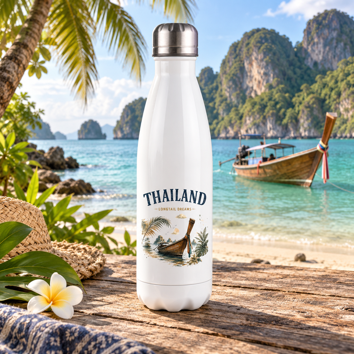 Weiße Thailand Longtail Dreams Thermoflasche am tropischen Strand
