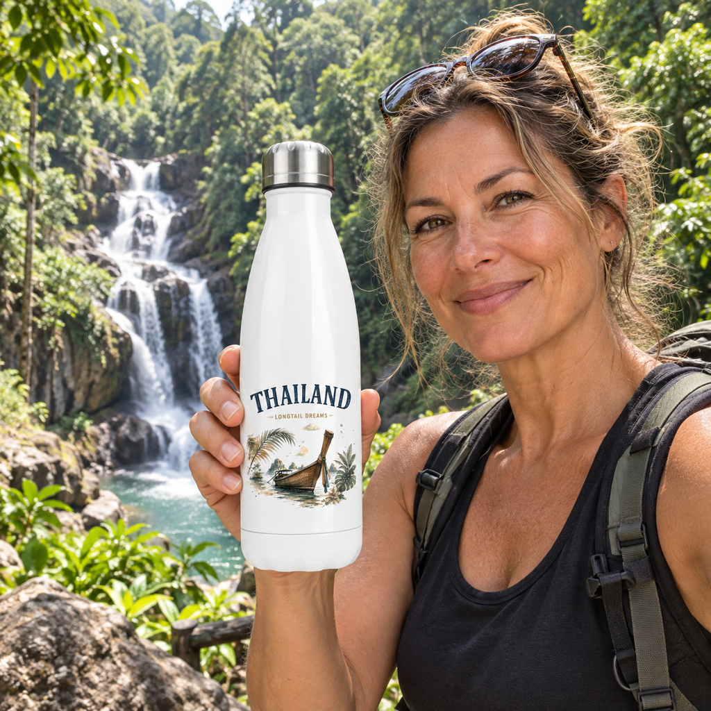 Frau hält weiße Thailand Longtail Dreams Thermosflasche an einem Wasserfall