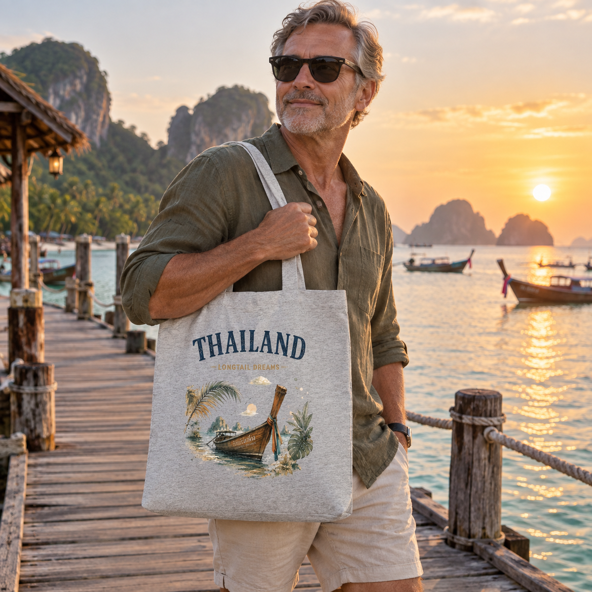 Mann trägt graue Thailand Longtail Dreams Tote Bag an einem tropischen Pier