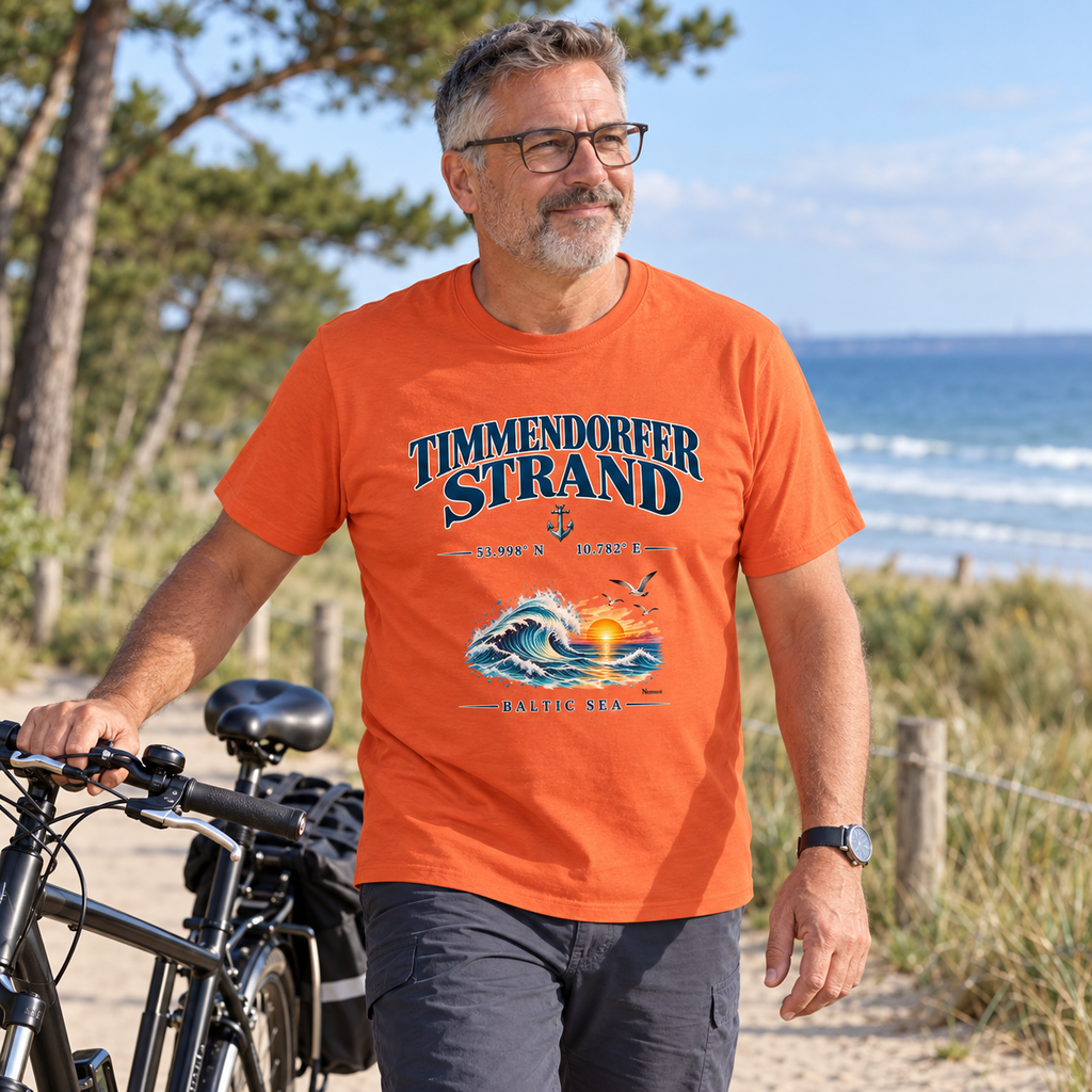 Mann im Heavy-Cotton-T-Shirt in Orange mit Timmendorfer Strand – Baltic Sea Frontprint beim Schieben eines Fahrrads an der Küste.