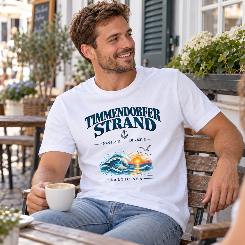 Mann im weißen Unisex Bio-T-Shirt mit Timmendorfer Strand – Baltic Sea Frontprint beim Kaffee auf einer Caféterrasse.