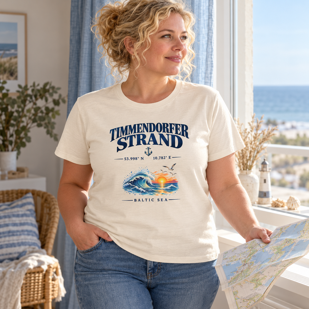 Frau im Damen Bio-T-Shirt in Natural Raw mit Timmendorfer Strand – Baltic Sea Frontprint beim Lesen einer Küstenkarte am Fenster.
