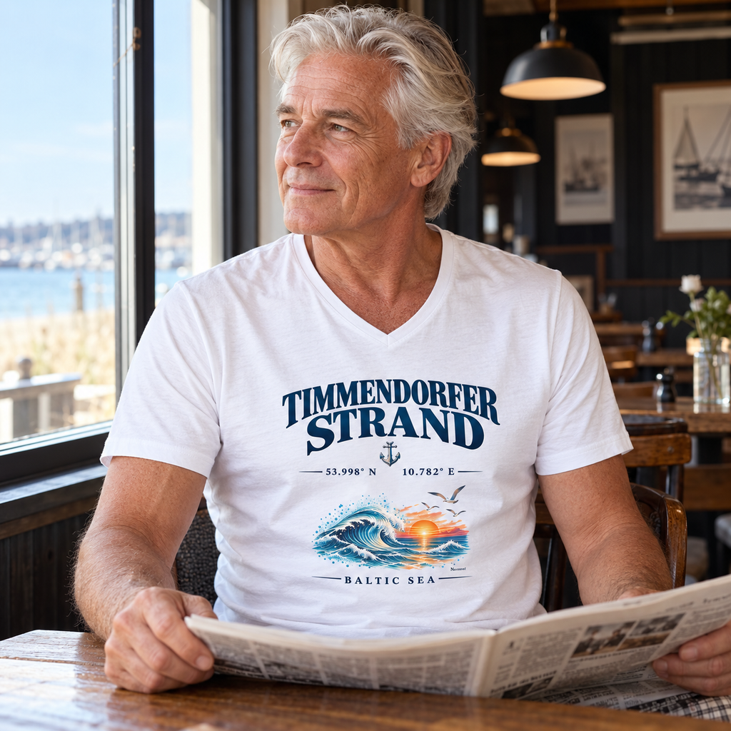 Herren Bio-V-Neck-T-Shirt in Weiß mit Timmendorfer-Strand–Baltic-Sea-Frontmotiv: älterer Mann liest eine Zeitung im Küstencafé.