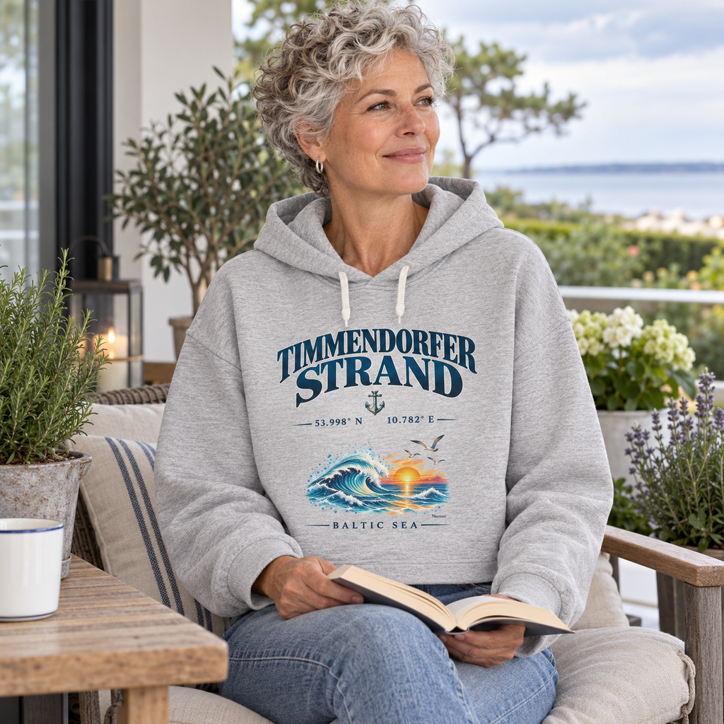 Damen Bio-Boxcut-Hoodie in Cool Heather Grey mit Timmendorfer-Strand–Baltic-Sea-Frontmotiv: Frau liest auf einer Terrasse mit Blick aufs Wasser.