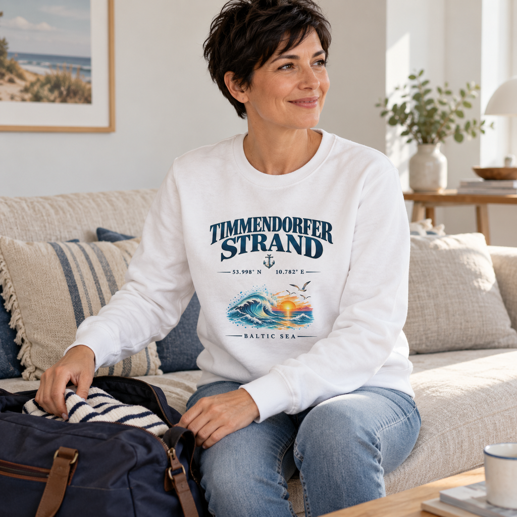 Unisex Bio-Sweatshirt in Weiß mit Timmendorfer-Strand–Baltic-Sea-Frontmotiv: Frau packt eine Reisetasche auf dem Sofa einer Ferienwohnung.