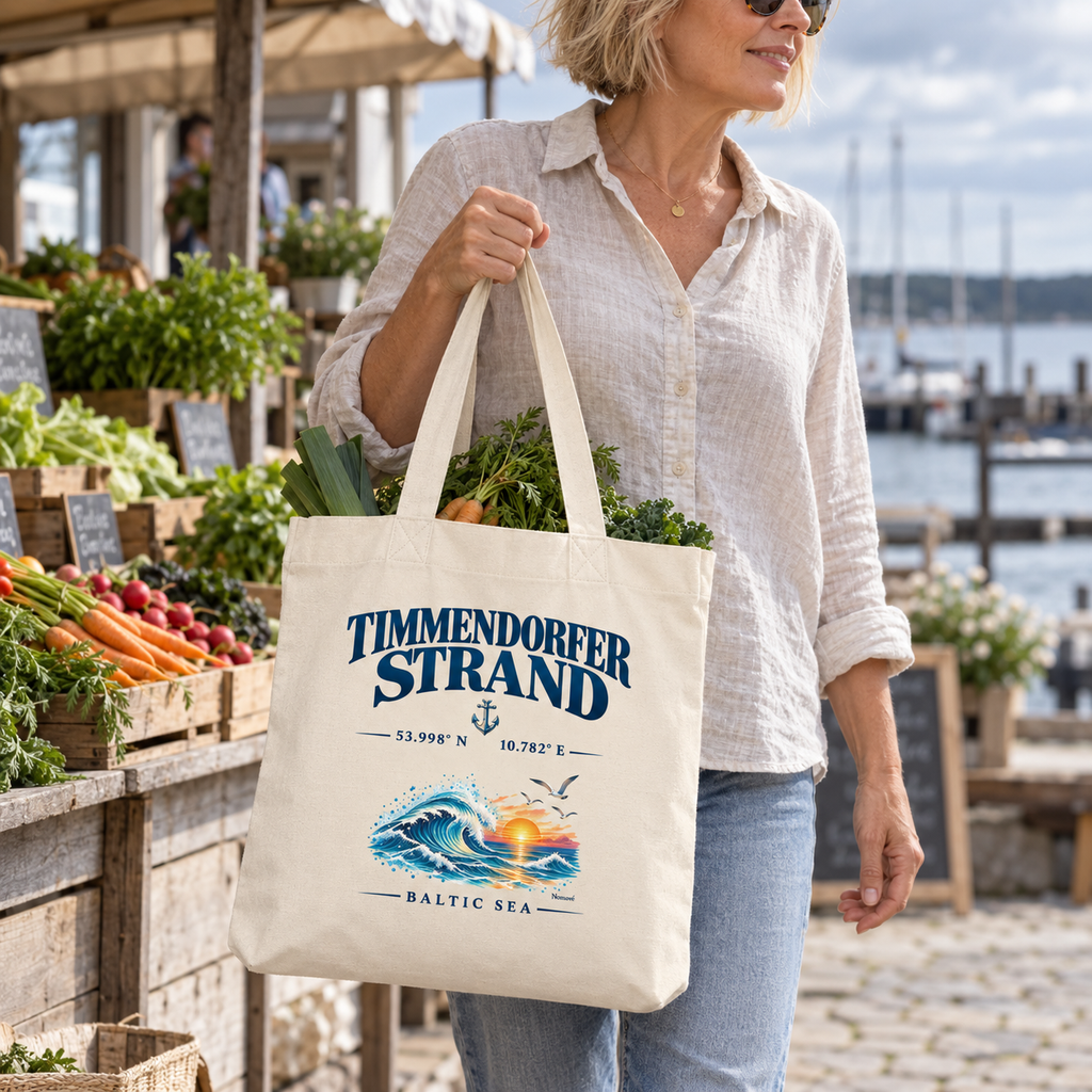 Einkaufsbeutel in Natural mit Timmendorfer-Strand–Baltic-Sea-Frontmotiv: Frau trägt Gemüse beim Marktbesuch an der Küste.