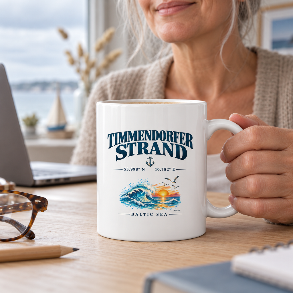 Glossy-Tasse 330 ml in Hochweiß mit Timmendorfer-Strand–Baltic-Sea-Motiv auf der Außenseite: Frau hält den C-Henkel am Homeoffice-Schreibtisch.