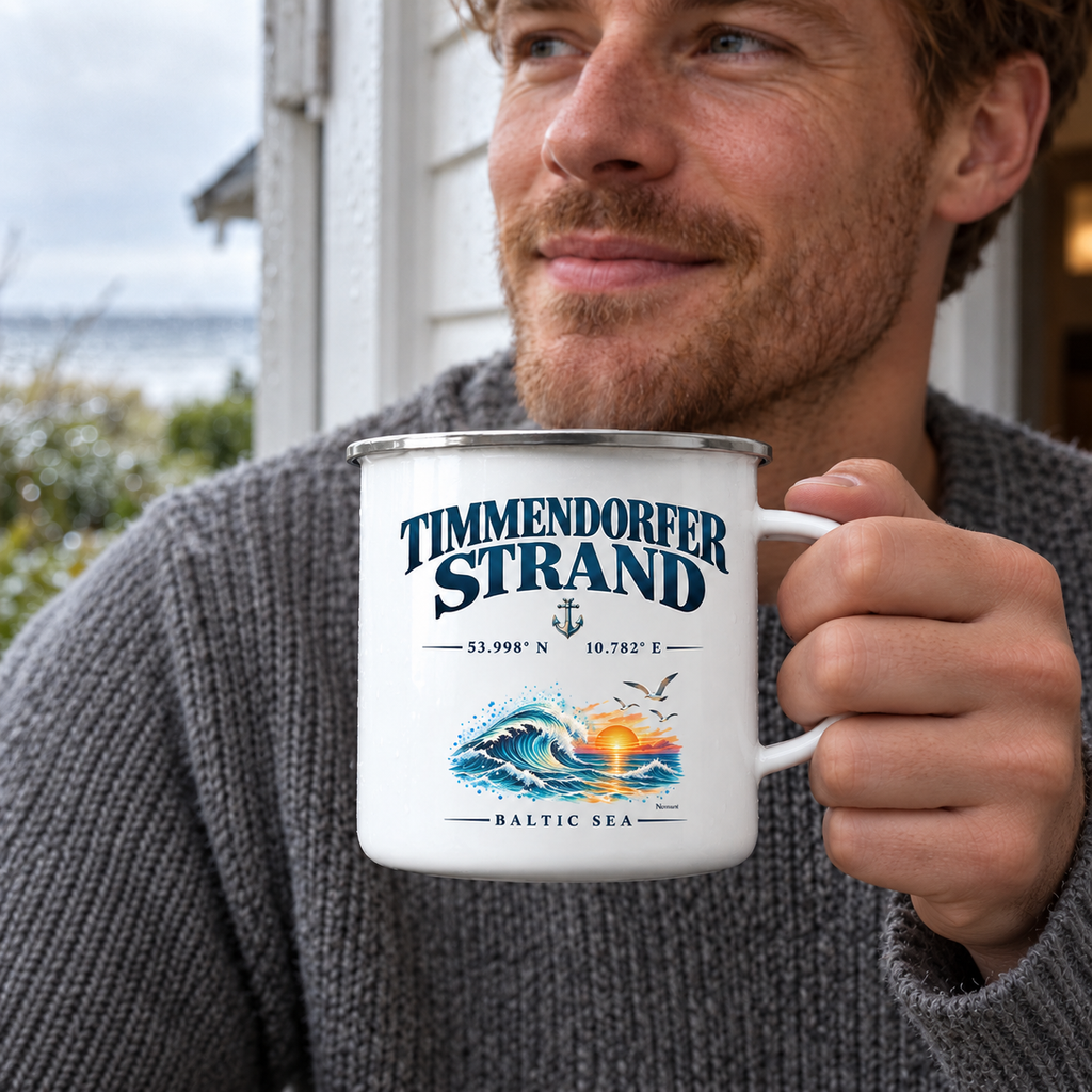 Emaille-Tasse 300 ml in Weiß mit Silberrand und Timmendorfer-Strand–Baltic-Sea-Motiv: Mann hält den Becher am Henkel an einer Ferienhütte.