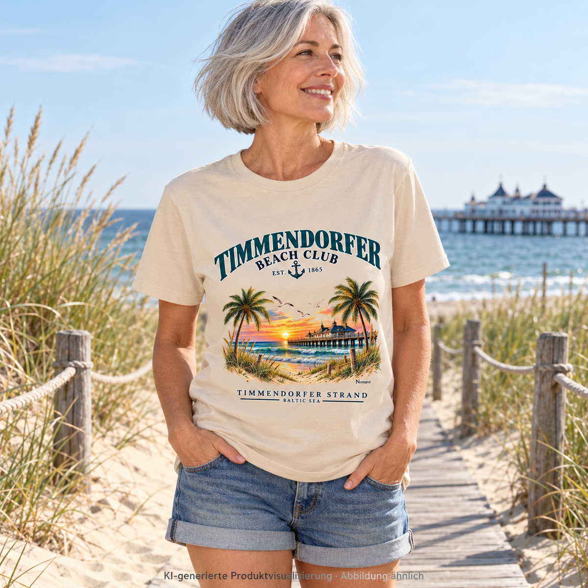 KI-generierte Produktvisualisierung: Frau auf einem Dünenweg im Timmendorfer Beach Club Unisex Baumwoll-T-Shirt in Natural mit maritimem Frontprint.