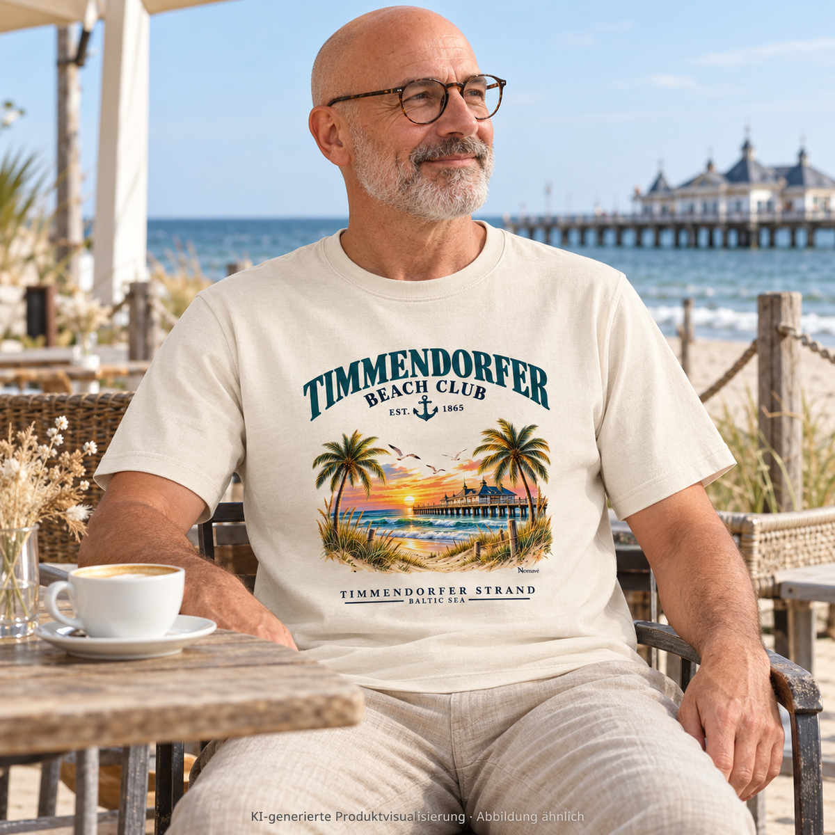 KI-generierte Produktvisualisierung: Mann auf einer Caféterrasse am Meer im Timmendorfer Beach Club Unisex Bio-Heavy-T-Shirt in Natural Raw mit maritimem Frontprint.