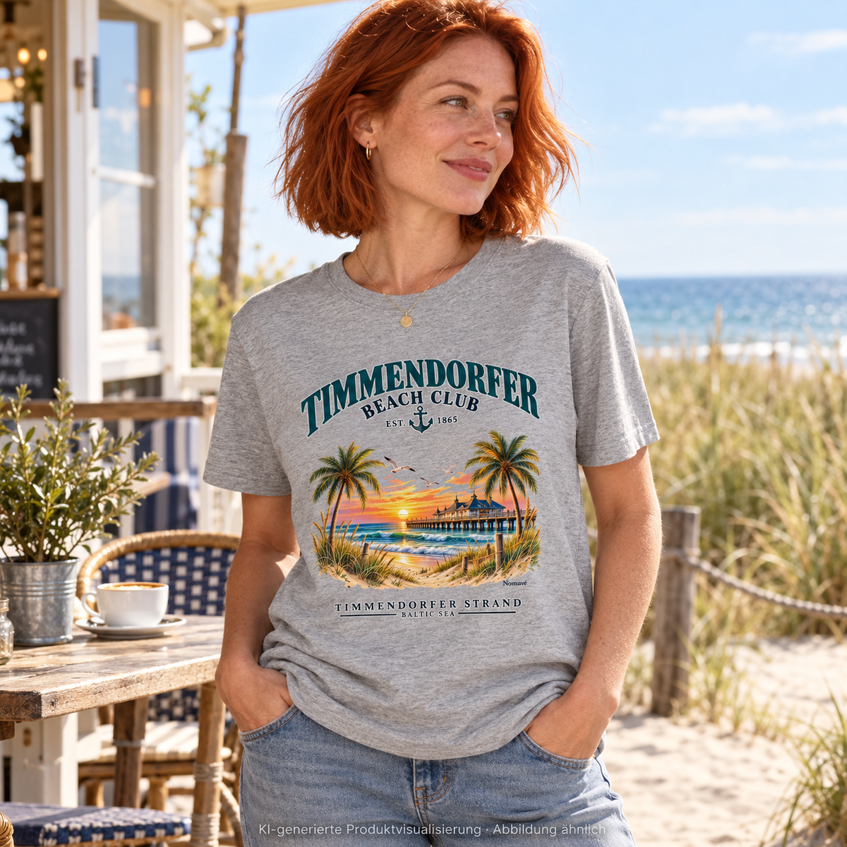 KI-generierte Produktvisualisierung: Frau vor einem maritimen Café im Timmendorfer Beach Club Unisex Bio-Heavy-T-Shirt in Heather Grey mit maritimem Frontprint.