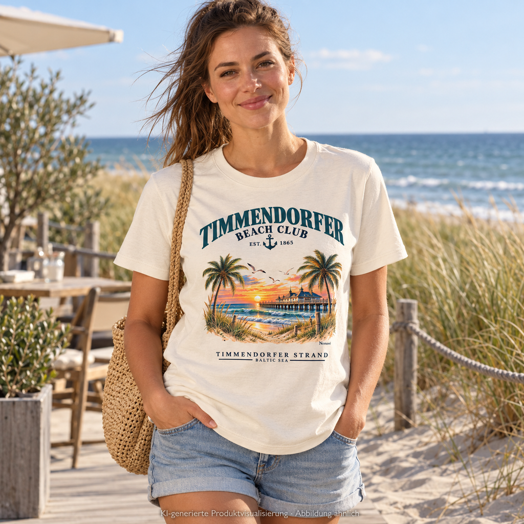 KI-generierte Produktvisualisierung: Frau auf einer Strandpromenade im Timmendorfer Beach Club Damen Bio-T-Shirt in Natural Raw mit maritimem Frontprint.
