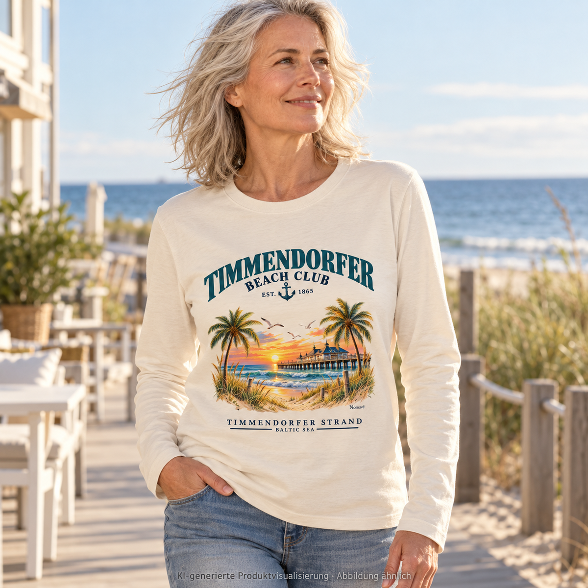 KI-generierte Produktvisualisierung: Frau in einer Küstenstraße im Timmendorfer Beach Club Unisex Bio-Longsleeve in Natural Raw mit maritimem Frontprint.