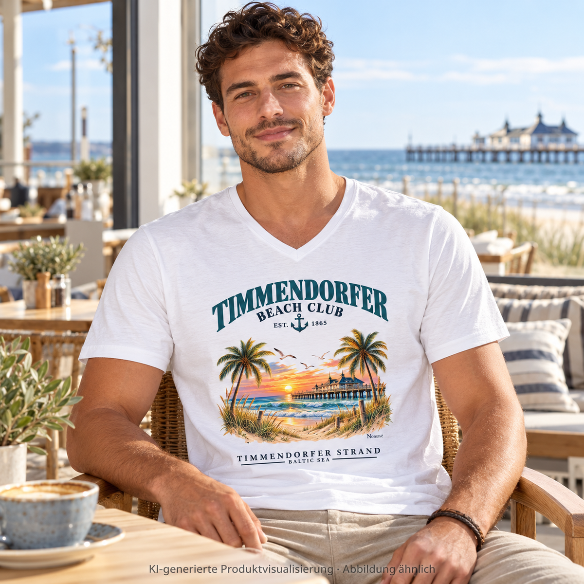 KI-generierte Produktvisualisierung: Mann in einem hellen Küstencafé im Timmendorfer Beach Club Herren Bio-V-Neck-T-Shirt in White mit maritimem Frontprint.