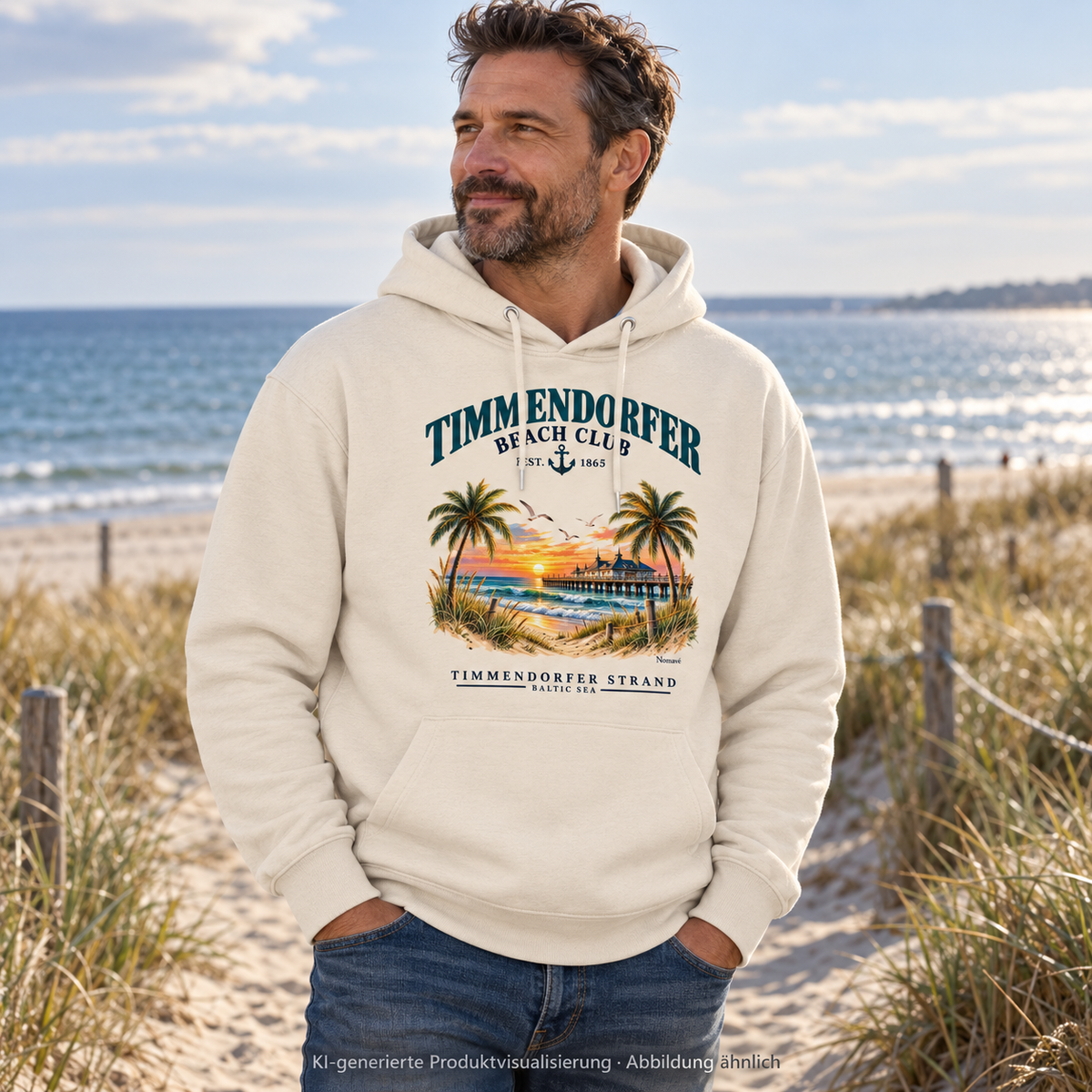 KI-generierte Produktvisualisierung: Mann an einem Dünenweg im Timmendorfer Beach Club Unisex Bio-Hoodie in Natural Raw mit maritimem Frontprint.
