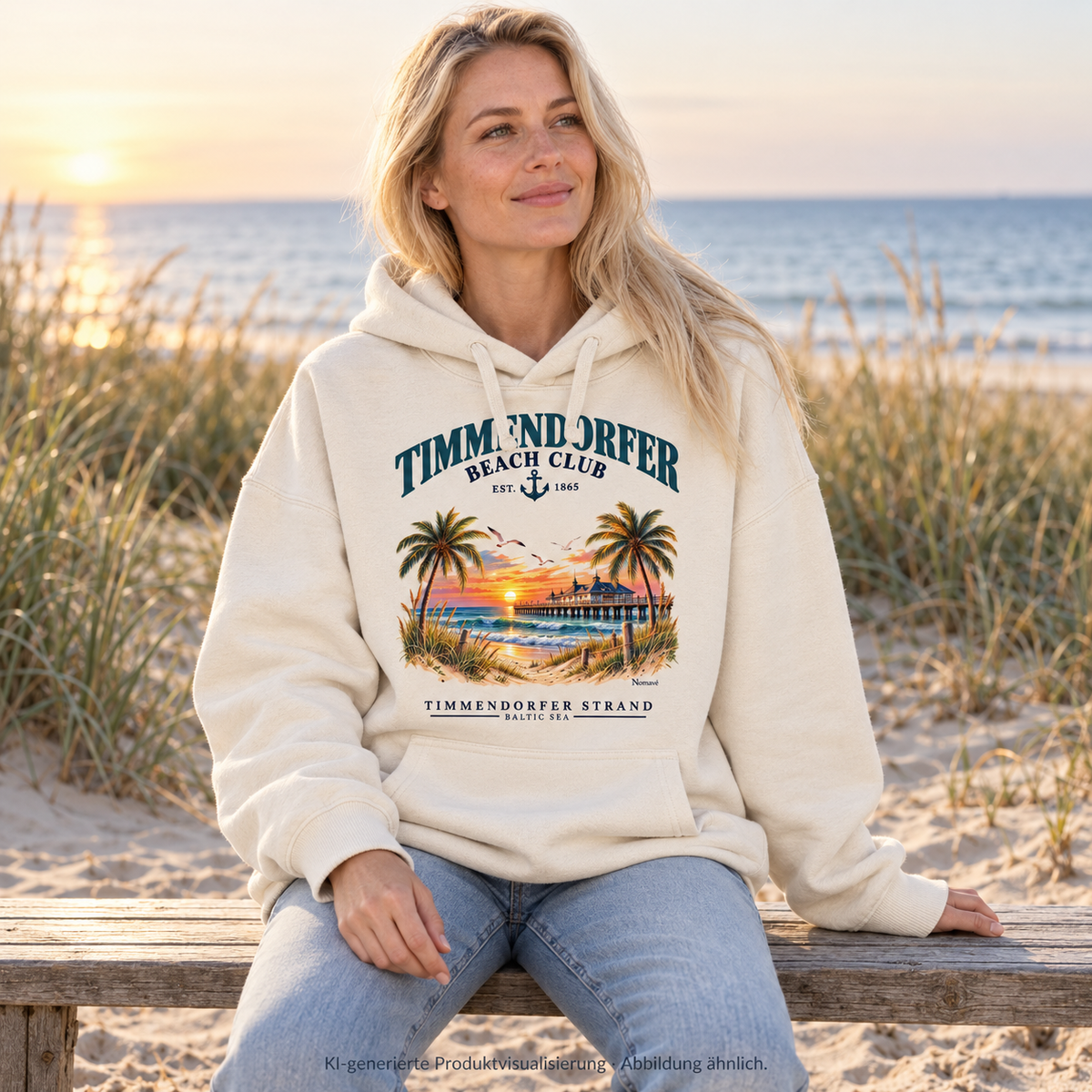 KI-generierte Produktvisualisierung: Frau auf einer Holzbank an den Dünen im Timmendorfer Beach Club Unisex Bio-Oversize-Hoodie in Natural Raw mit maritimem Frontprint.