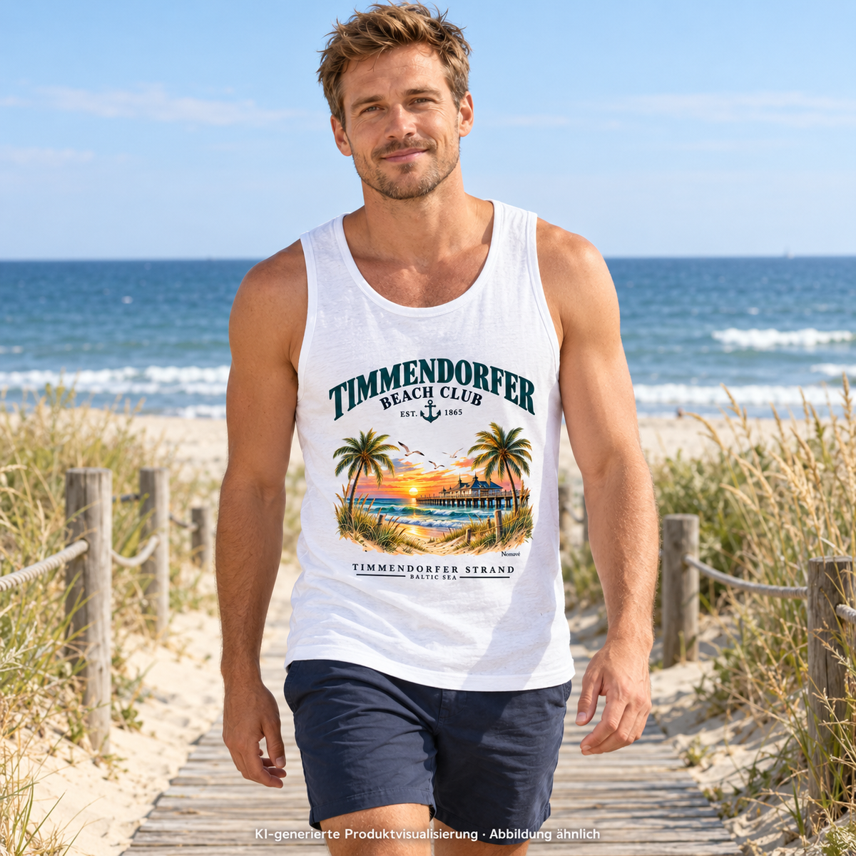 KI-generierte Produktvisualisierung: Mann im weißen Herren Bio-Tanktop mit Timmendorfer-Beach-Club-Frontprint auf einem Dünensteg.