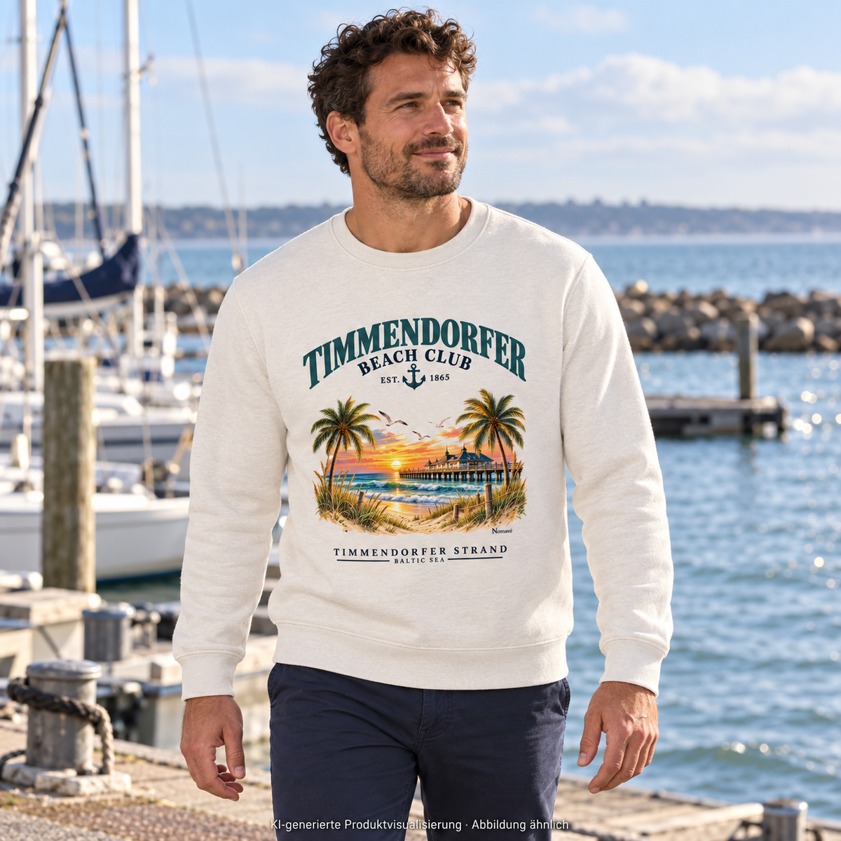 KI-generierte Produktvisualisierung: Mann im Unisex Bio-Sweatshirt Vintage White mit Timmendorfer-Beach-Club-Frontprint am Hafen.